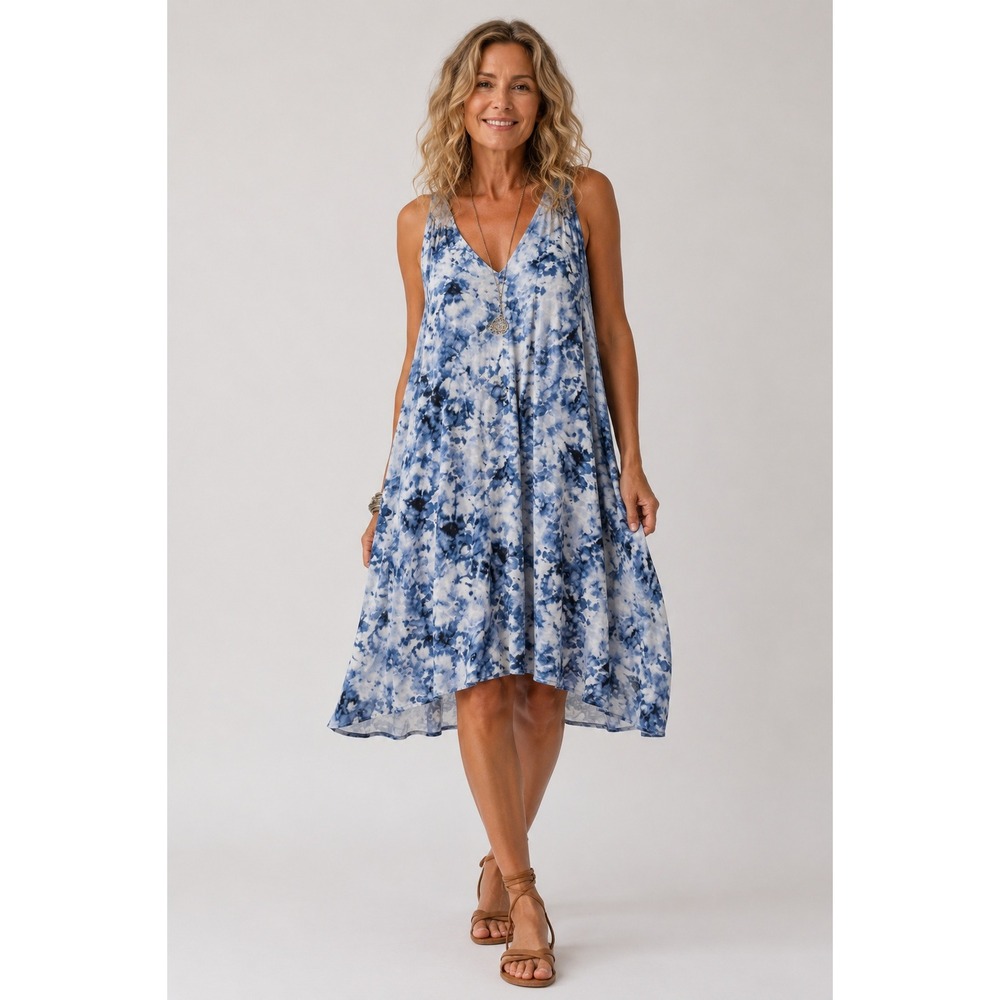 Garnet Hill Tie Dye Cotton Gauze Crinkle Dress Blue Sleeveless Boho Coastal Chic